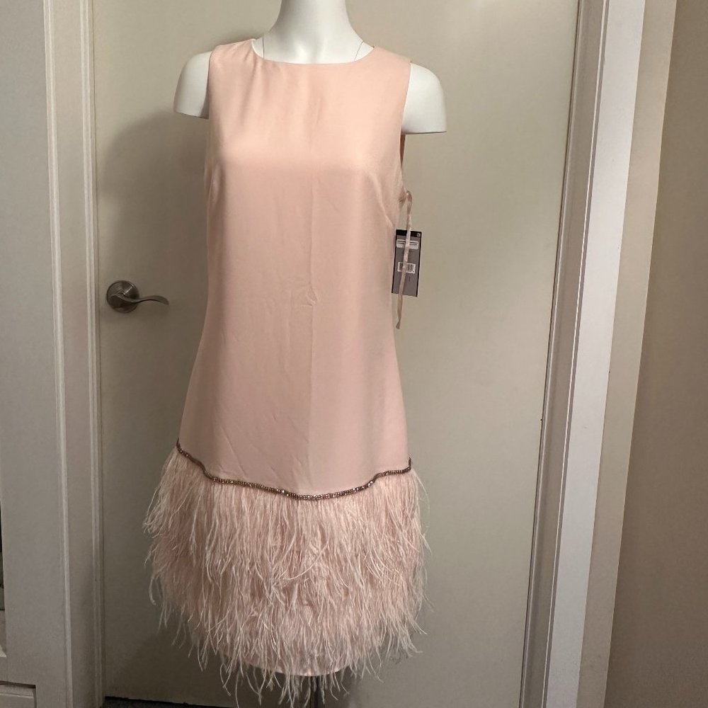 NEW! SLEEVELESS FEATHER HEM SHIFT DRESS
